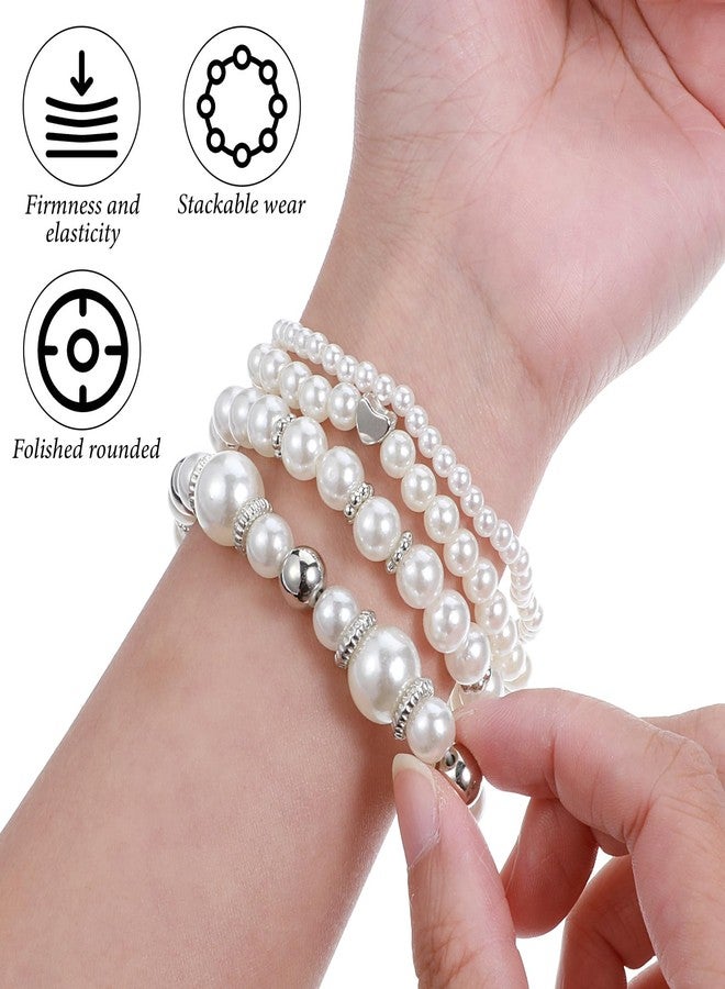 KFHENSOMR 8 Pack Pearl Bracelets for Women Simulated Pearl Beaded Stackable Bracelet Set White Pearls Stretch Bracelet Set Multilayered Elastic Pearls Bracelets Bangles for Women Bridal Boho Jewelry - Image 3